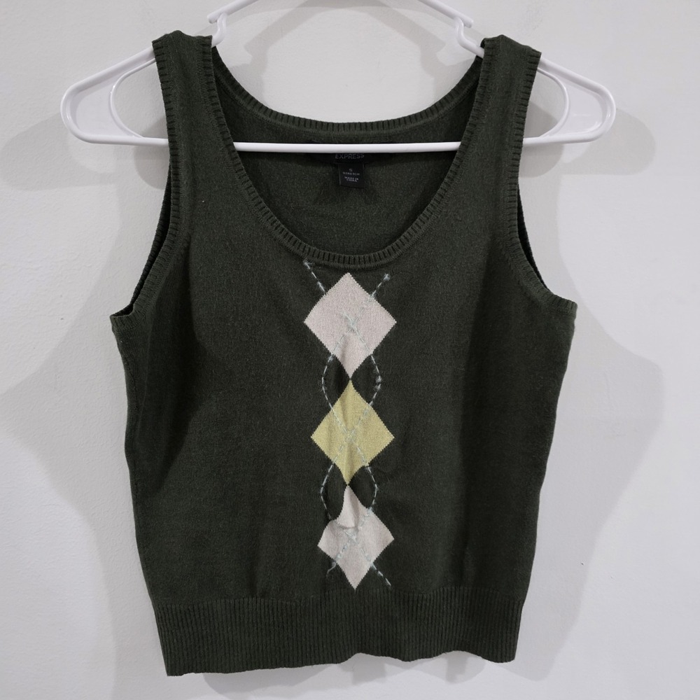 Vintage Y2K Express Womens Sweater‎ Vest Small Argyle Dark Academia Silk Angora